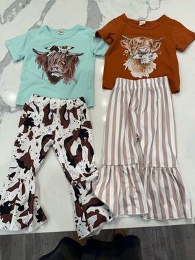 Kids Cow Graphic Pajama Set - Mint & Rust